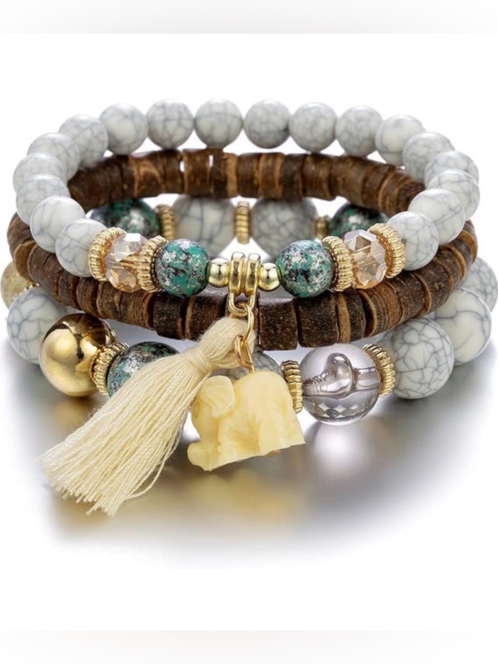 Ivory Tassel & Brown Stackable Beaded Bracelet Set - Picture 1 of 4